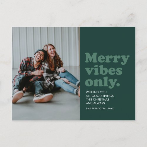 Merry vibes only retro green holiday postcard
