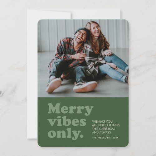 Merry vibes only retro green photo holiday card