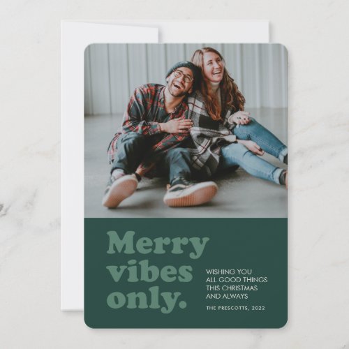 Merry vibes only retro green photo holiday card