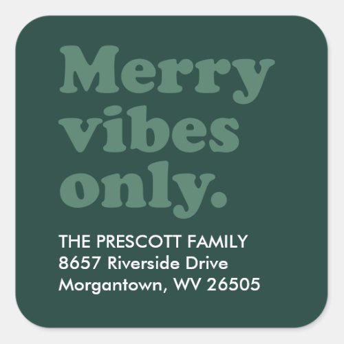 Merry vibes only retro green return address square sticker