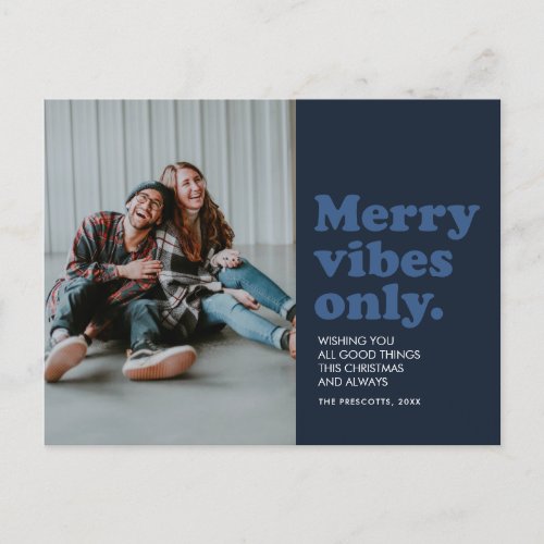 Merry vibes only retro navy blue holiday postcard