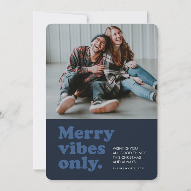 Merry vibes only retro navy Christmas photo Holiday Card (Front)