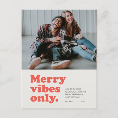 Merry vibes only retro one photo holiday postcard