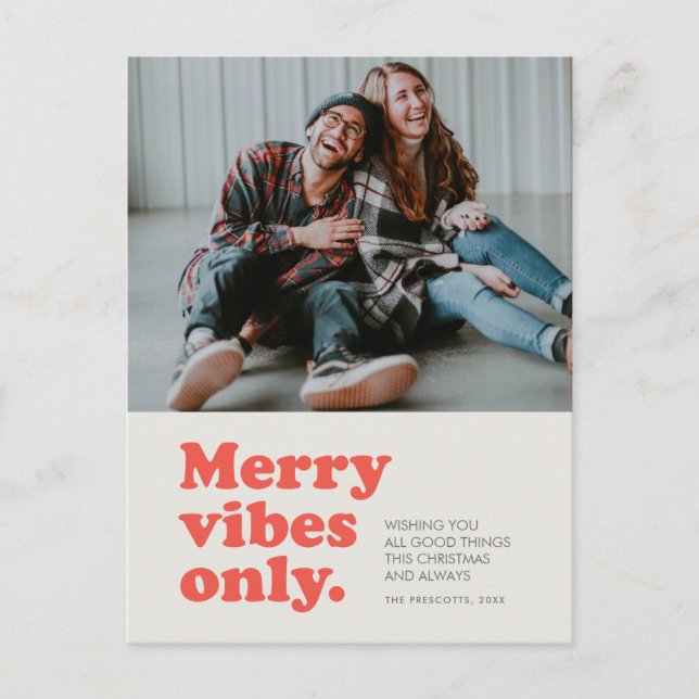 Merry vibes only retro one photo holiday postcard (Front)