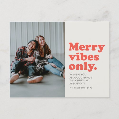 Merry vibes only retro photo holiday postcard
