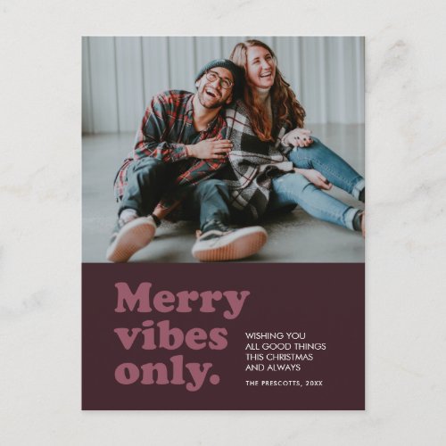 Merry vibes only retro plum holiday postcard