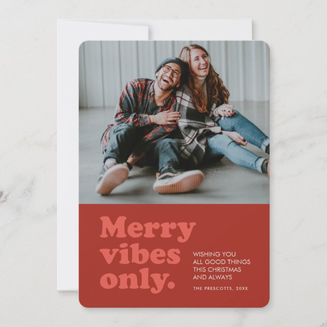 Merry vibes only retro red photo holiday card (Front)