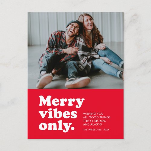 Merry vibes only retro red photo holiday postcard