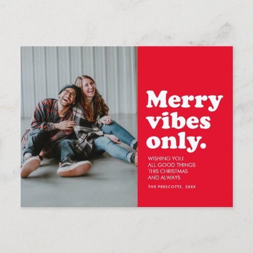 Merry vibes only retro red photo holiday postcard