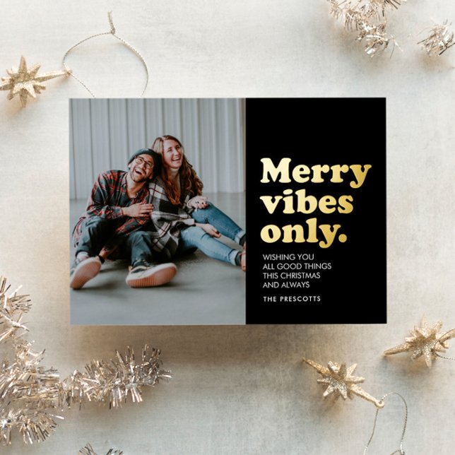 Merry vibes only unique retro Christmas photo Foil Holiday Card (Creator Uploaded)