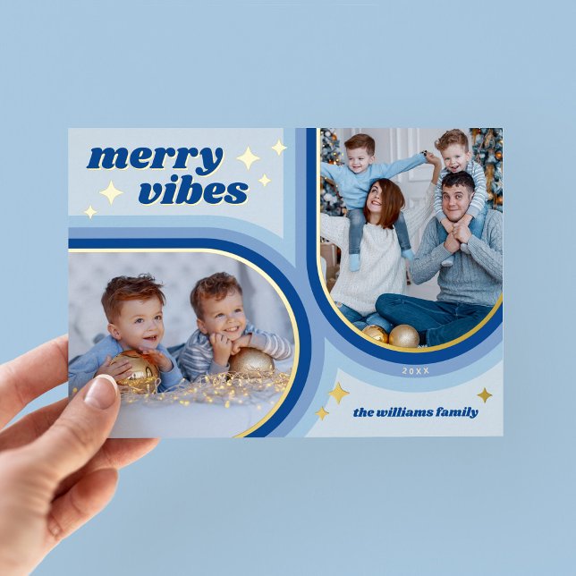 Merry Vibes Retro Arch Photo Blue and Gold Foil Holiday Card (Creator Uploaded)
