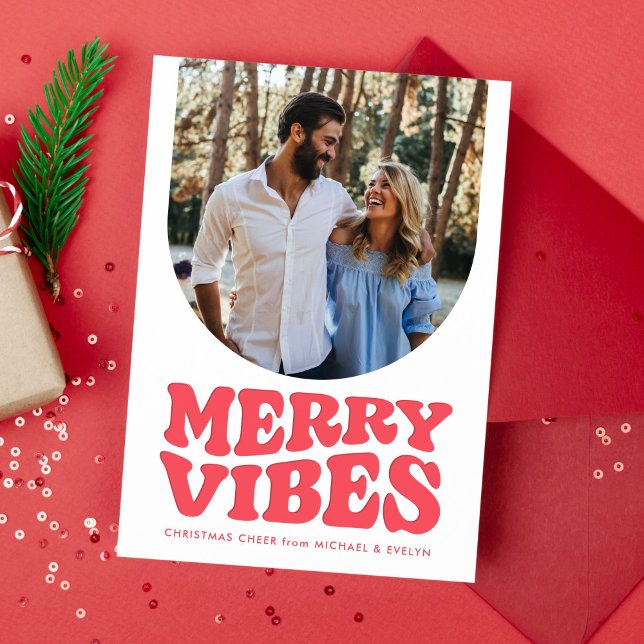 Merry vibes retro fun Christmas Letterpress Photo Cards (Creator Uploaded)