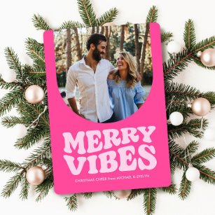 Merry vibes retro fun hot pink photo Christmas Holiday Card