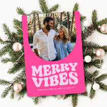 Merry vibes retro fun hot pink photo Christmas Holiday Card