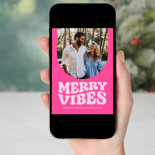 Merry vibes retro fun hot pink photo Christmas Holiday Card (Front Digital)