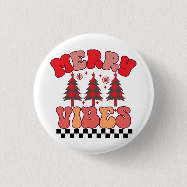 Merry Vibes Retro Groovy Christmas Holidays Button (Front)