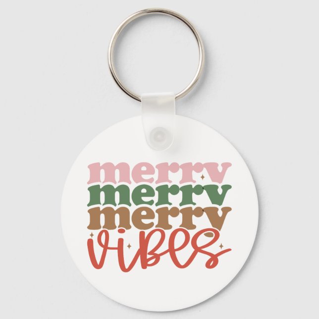Merry Vibes Retro Groovy Christmas Holidays Keychain (Front)