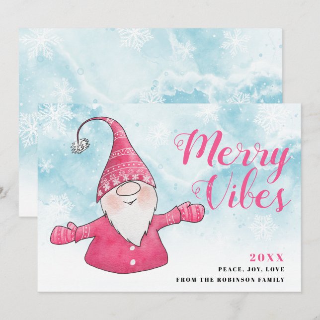 Merry Vibes Snowy Blue Cute Pink Gnome Christmas Holiday Card (Front/Back)