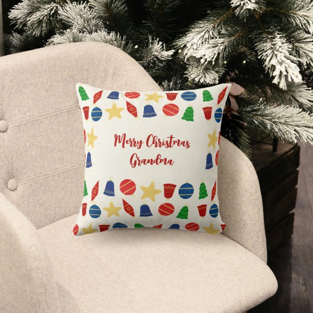 Merry Vintage Holiday Ornaments  Throw Pillow (Cute retro Christmas pillow with vintage red, blue, gold and green Christmas ornaments)