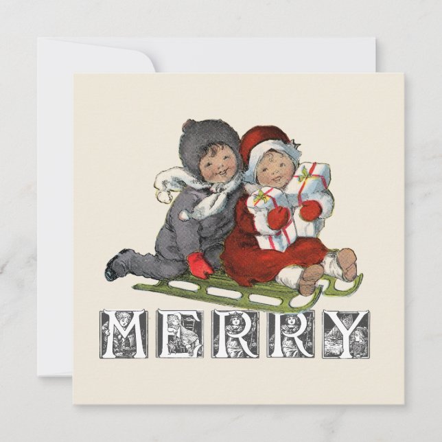 Merry Vintage Sled Children Christmas Card (Front)