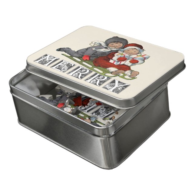 Merry Vintage Sled Children Christmas Jigsaw Puzzle (Lid Open)