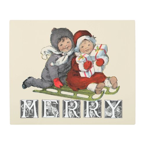 Merry Vintage Sled Children Christmas Metal Print