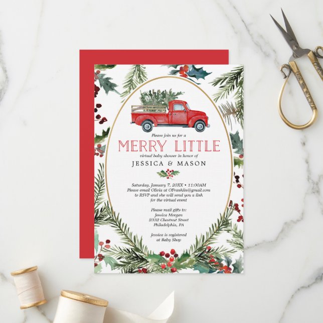 Merry Virtual Baby Shower Invites Card Red Truck (Front/Back In Situ)