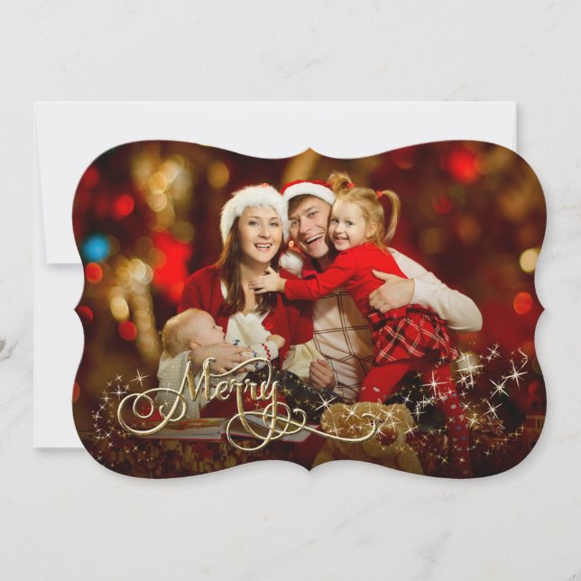 Merry w Gold Glitter Star Bracket Photo Christmas Holiday Card (Front)