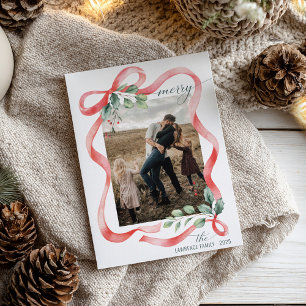 Merry Watercolor Bow Frame One Photo Christmas Holiday Card