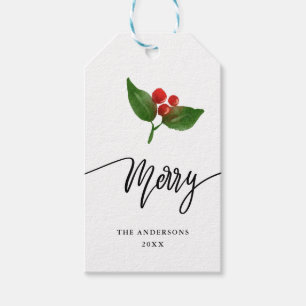 Merry Watercolor Holly Holiday Script Gift Tags