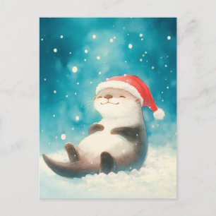 Merry Watercolor Otter Santa Hat Postcard