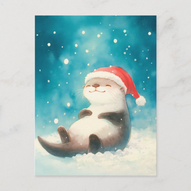 Merry Watercolor Otter Santa Hat Postcard (Front)