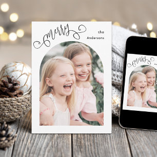 Merry Whimsical Script Simple Arch Photo Christmas Holiday Card
