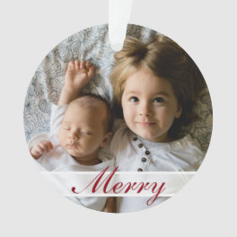 Merry White Ribbon Family Photo & Family Name Ornament