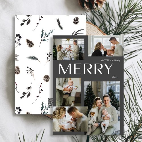 Merry Winter 5 Photo Black Watercolor Christmas Holiday Card
