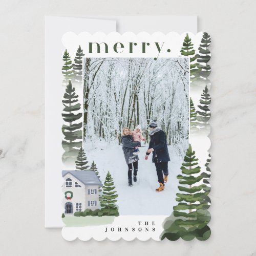Merry Winter Evergreen Forest  Family Home Photo Holiday Card