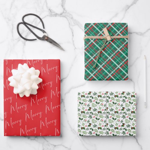 Merry Winter Plaid Botanical Christmas Pattern Wrapping Paper Sheets
