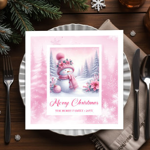Merry Winter Scene Pink Snowman Christmas Napkins