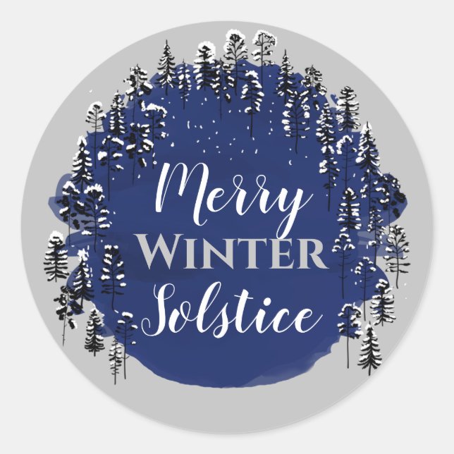 Merry Winter Solstice Blue & Grey Yule Holiday Classic Round Sticker (Front)