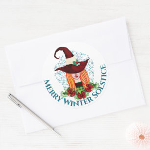 Merry Winter Solstice Cozy Holiday Witch Hat Classic Round Sticker
