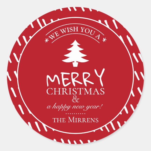 Merry Wishes Holiday Red Personalized Classic Round Sticker (Front)