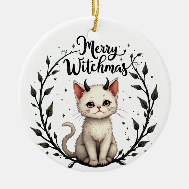 Merry Witchmas - Adorable Cat with Horns Ornament (Front)