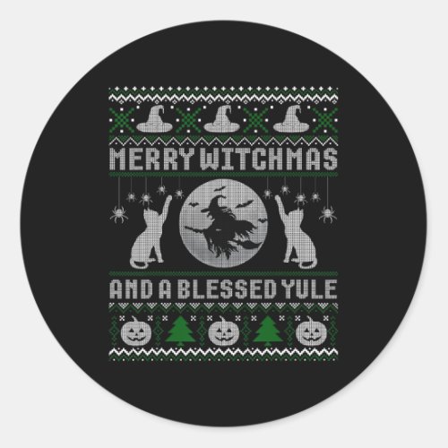 Merry Witchmas Cat Lover Ugly Christmas Sweaters  Classic Round Sticker