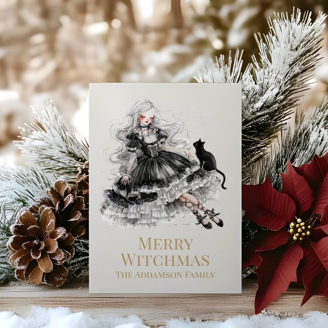 Merry Witchmas Gothic Witch Custom Holiday Card (Merry Witchmas Gothic Witch Custom Holiday Card on a wooden table with Christmas decoration)
