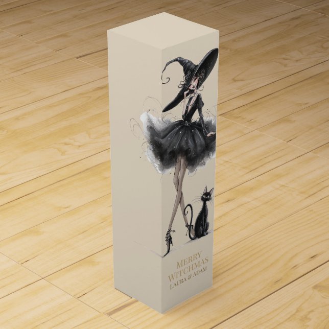 Merry Witchmas Wine Gift Box – Gothic Witch & Cat  (Front)