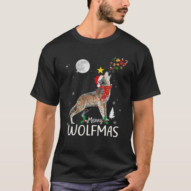 Merry Wolfmas Christmas Funny Wolf Santa Hat Wolve T-Shirt (Front)