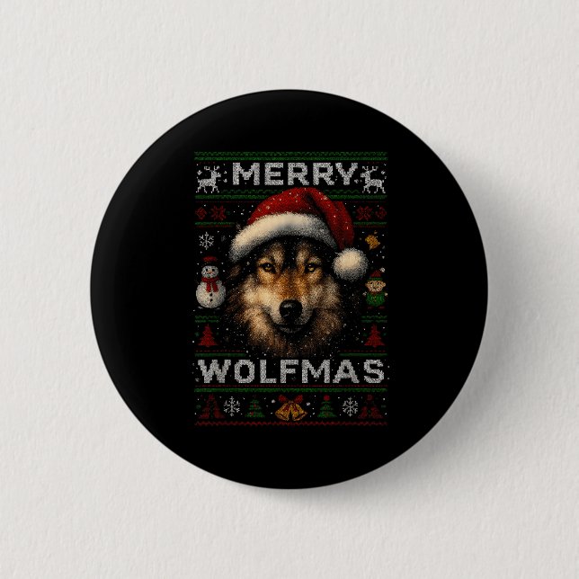 Merry Wolfmas Merry Christmas Wolf Ugly Sweater Fu Button (Front)