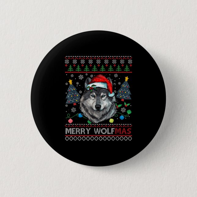Merry Wolfmas Merry Christmas Wolf Ugly Sweater Fu Button (Front)