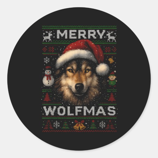 Merry Wolfmas Merry Christmas Wolf Ugly Sweater Fu Classic Round Sticker (Front)