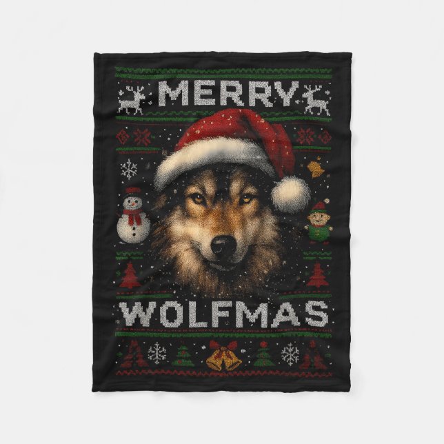Merry Wolfmas Merry Christmas Wolf Ugly Sweater Fu Fleece Blanket (Front)